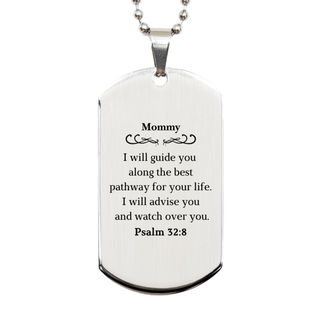 Mommy Psalm 32:8 Engraved Silver Dog Tag for Holidays and Birthdays - Unique Inspirational Gift for Mom with Confidence and Hope