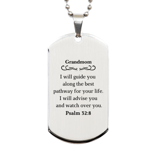 Grandmom Psalm 32:8 Inscribed Silver Dog Tag - Inspirational Gift for Holidays and Birthdays - Unique Engraved Necklace for Grandmom - Meaningful Jewelry for Grandmom