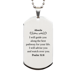 Abuela Psalm 32:8 Engraved Silver Dog Tag - Unique Gift for Grandma, Birthday, Christmas, Inspirational Guidance and Protection for Abuela