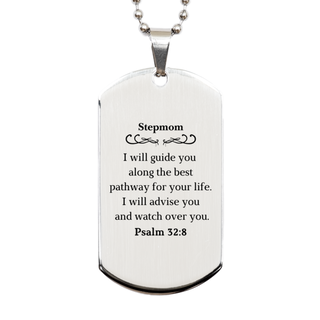 Stepmom Engraved Silver Dog Tag - Psalm 32:8 Inspirational Gift for Christmas, Mothers Day, Birthday - Guiding You Along the Best Pathway for Your Life