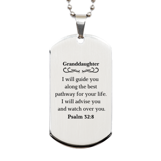 Silver Dog Tag Granddaughter Keepsake Engraved Psalm 32:8 Inspiration Gift for Graduation, Birthday, Christmas, and Veterans Day