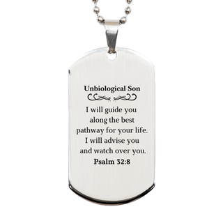 Unbiological Son Silver Dog Tag Engraved Psalm 32:8 Birthday Graduation Gift for Your Loved One, Inspirational Guidance and Watch Over You