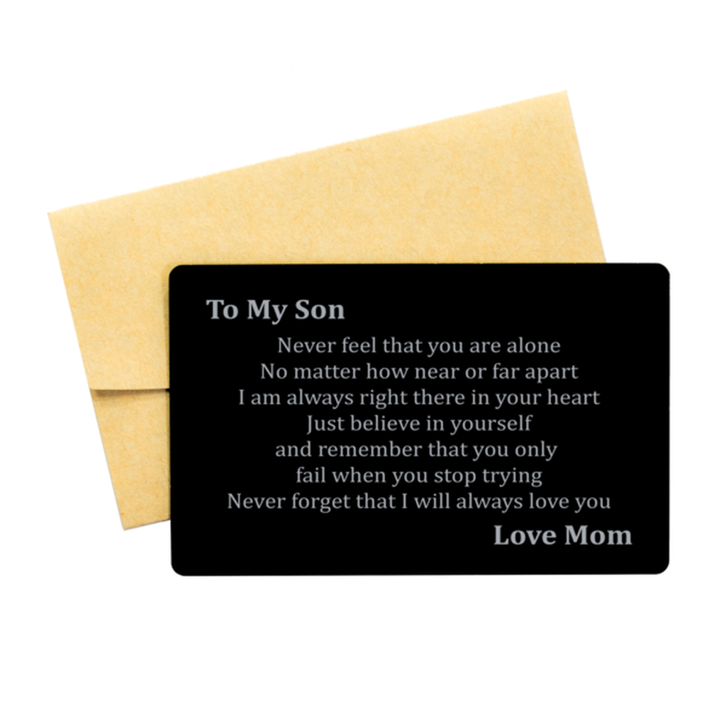 To My Son Gifts Wallet Card from Mom, Engraved Metal Wallet Insert for Son, Never Forget I Love You, College Graduation, Gifts for Deployed Son, Birthday Christmas Valentines Father's Day Presents