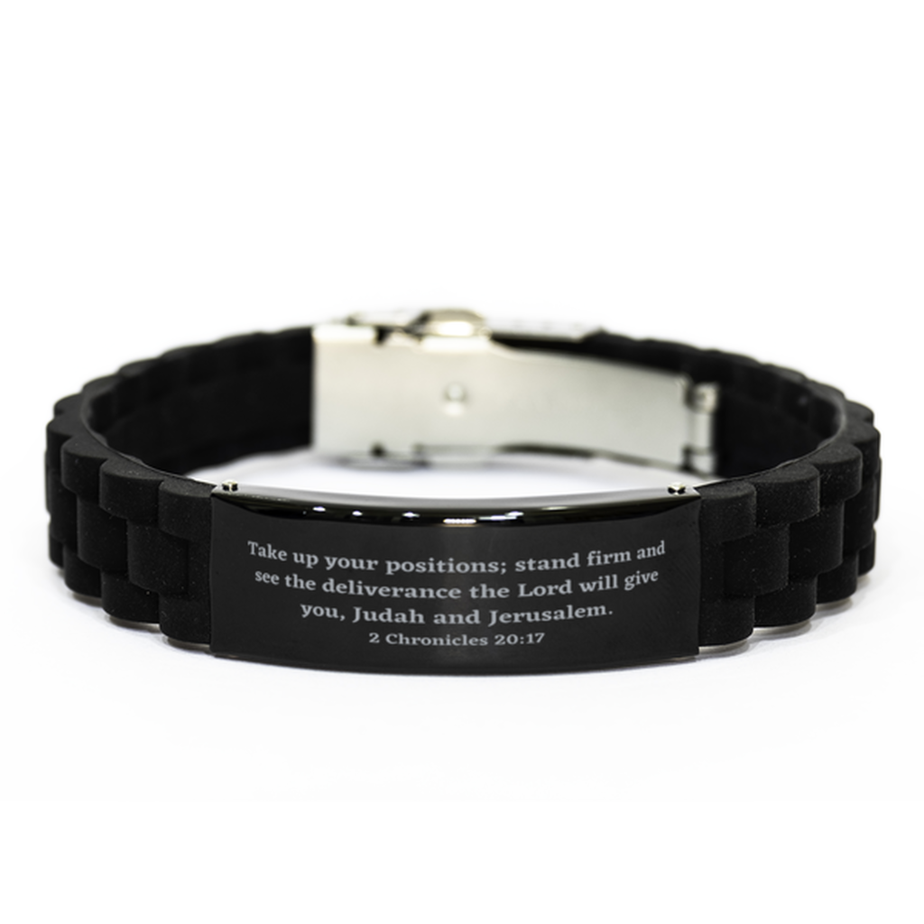 2 Chronicles 20:17 Christian Bracelet,Take up your positions; stand firm and see the deliverance,Christian Gifts,Bible Verse Bracelets,Christian Woman or Teen,Black bracelet