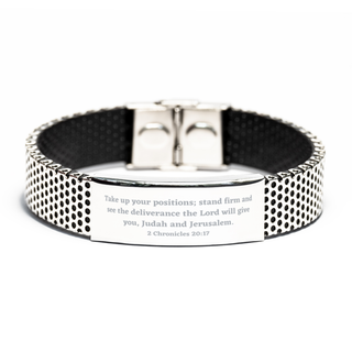 2 Chronicles 20:17 Christian Bracelet,Take up your positions; stand firm and see the deliverance,Christian Gifts,Bible Verse Bracelets,Christian Woman or Teen,stainless bracelet