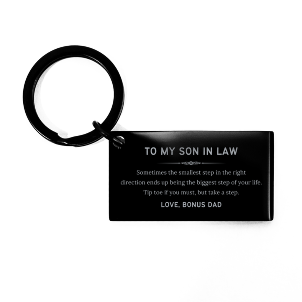 Son In Law Graduaion Gifts from Bonus Dad, Inspirational Keychain for Son In Law Christmas Birthday Motivational Gifts for Son In Law Sometimes the smallest step in the right direction ends up being the biggest step of your life. Love, Bonus Dad