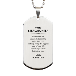 Stepdaughter Graduaion Gifts from Bonus Dad, Inspirational Silver Dog Tag for Stepdaughter Christmas Birthday Motivational Gifts for Stepdaughter Sometimes the smallest step in the right direction ends up being the biggest step of your life. Love, Bonus D