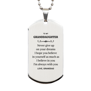 Graduation Granddaughter Silver Dog Tag Present from Granddad, Granddaughter Christmas Birthday Gifts Granddaughter Never give up on your dreams. I'm always with you. Love, Granddad